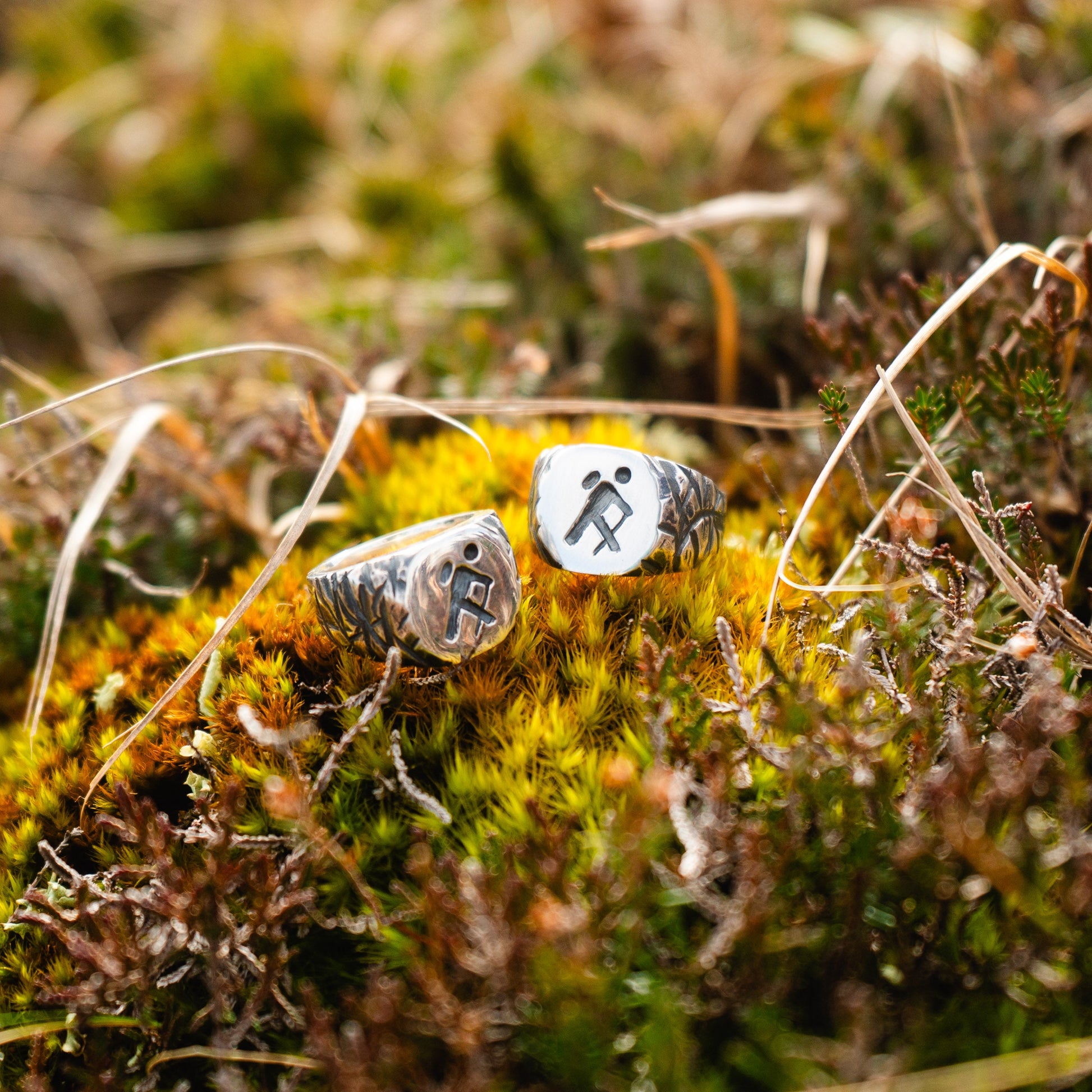 Two silver rings with unique designs and the walking man trail marker on a bed of moss and grass.